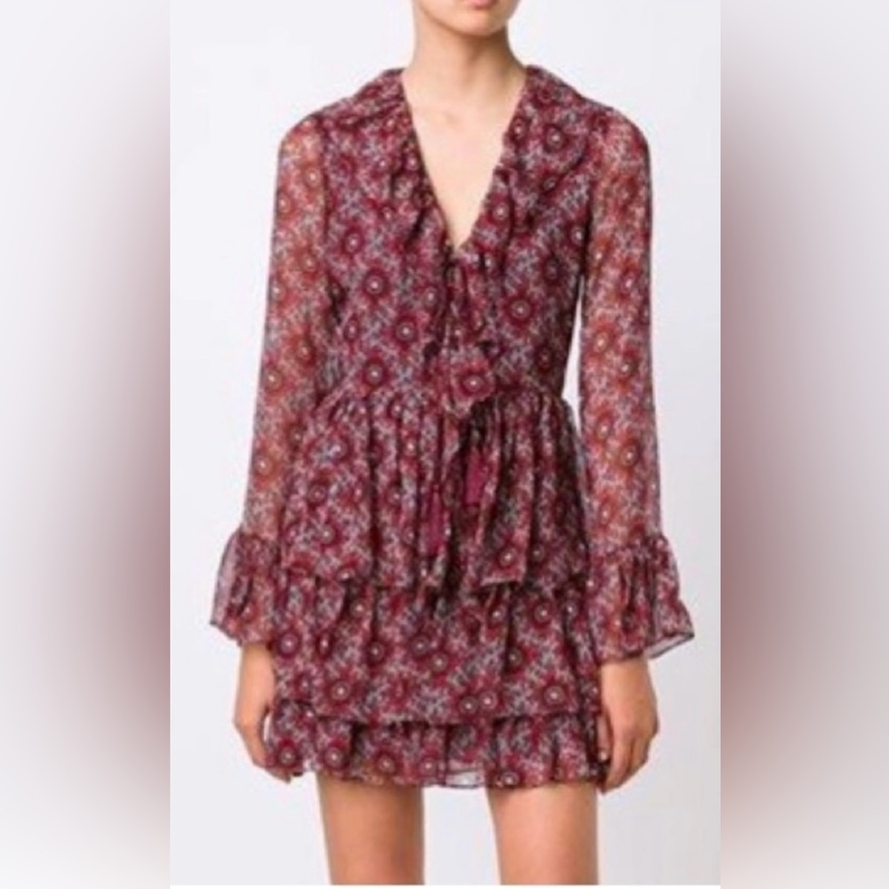 Cinq à Sept Jasmine Silk Mini Dress Burgundy Red Floral Ruffle Tie Neck Size S